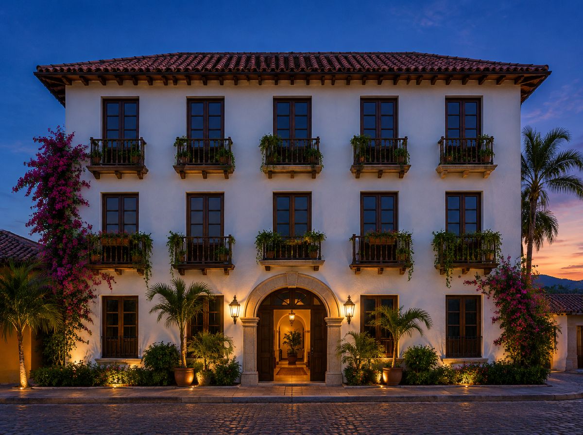 Boutique hotel with balconies at dusk